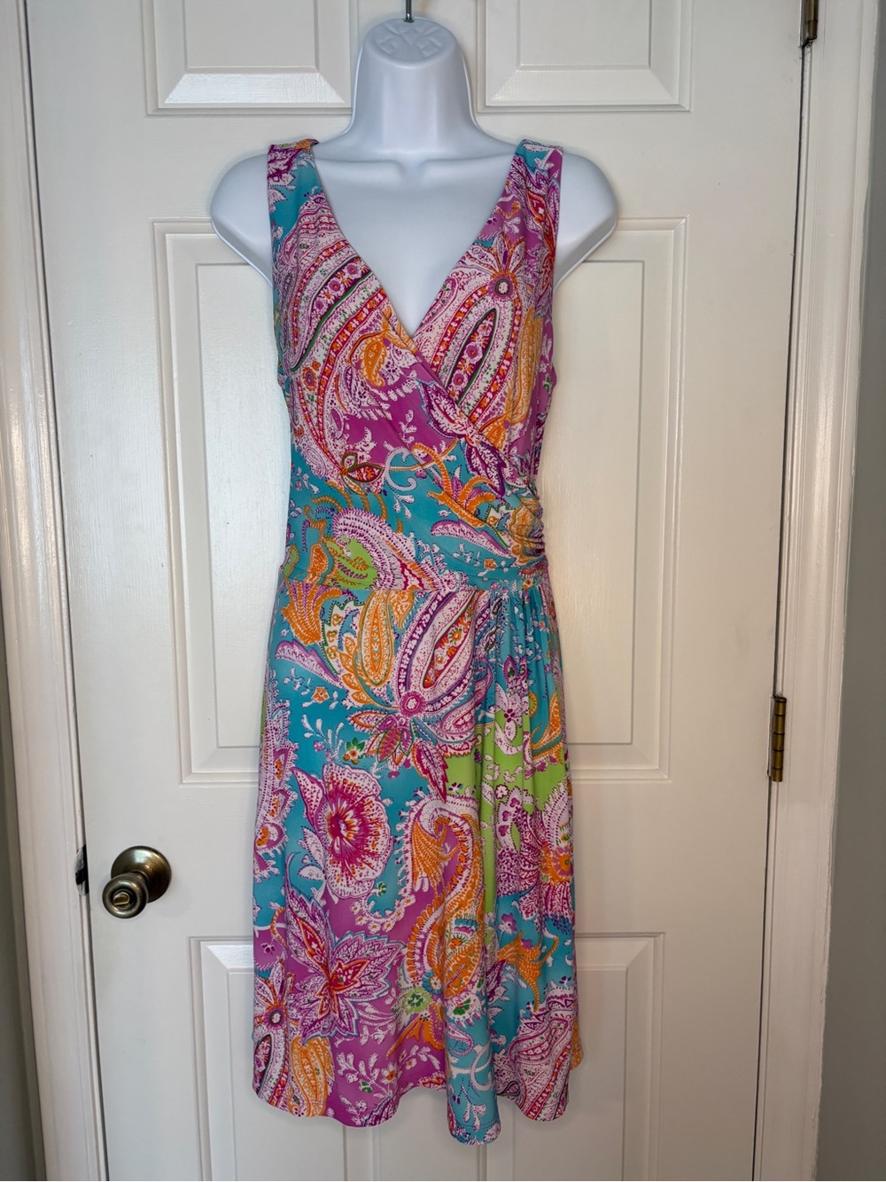 Lauren Ralph Lauren Teal Pink Purple Paisley Wrap Midi Dress
